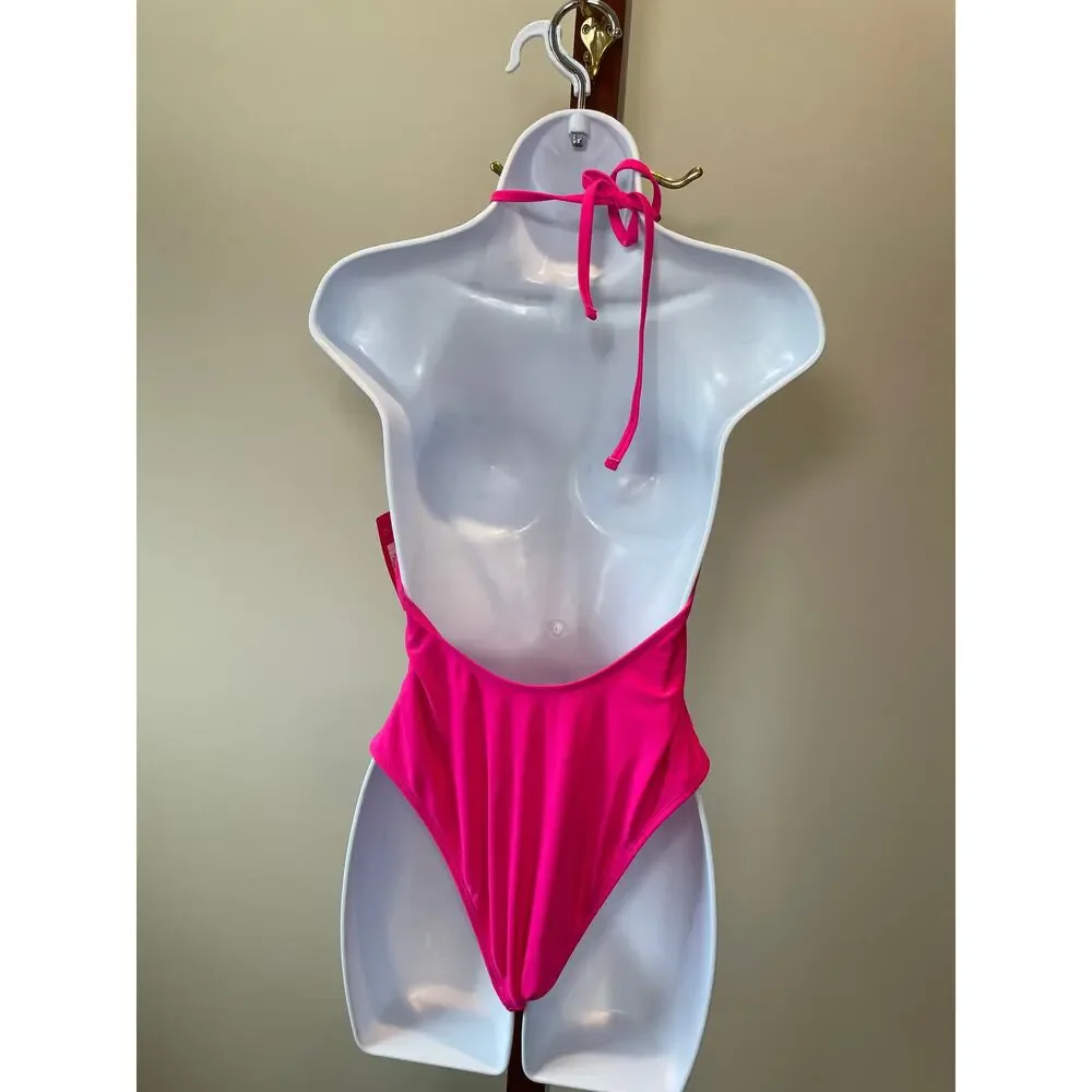 Pink Deep V‑Neck One‑Piece Swimsuit Open Back Size M NWT